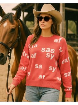 Bewakoof - Women Hot Coral Pink All Over Printed Oversized Sweater