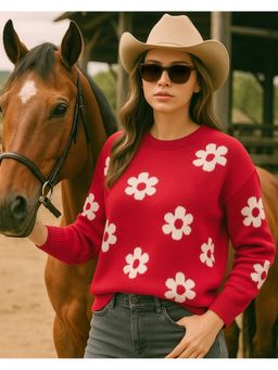 Bewakoof - Women Red And White All Over Printed Oversized Sweater