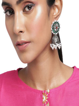 Accessher - Oxidised Silver Mirror And Emrald Embellished Green Jhumki Drop Earrings For Women