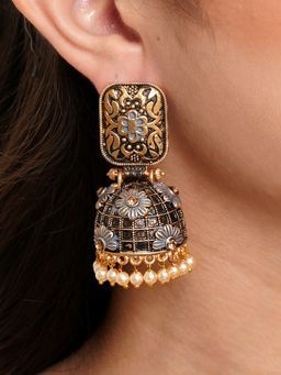 Karatcart - Antique Gold Plated Floral Grey Studded Jhumki Earrings for Women