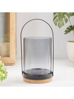 HomeTown - Ebony Handcrafted Modern Metal And Glass Lantern With Wooden Base 25 Cm In Black Colour