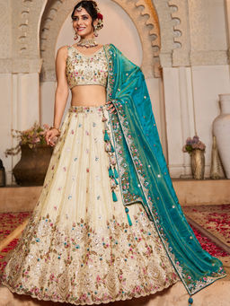 Panchhi - Cream Tissue Sequined Embroidery Semi-Stitched Lehenga with Choli and Dupatta