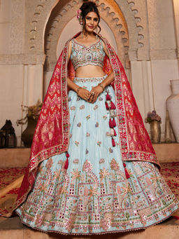Panchhi - Blue Tissue Mirror Embroidery Semi-Stitched Lehenga with Choli and Dupatta