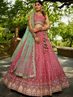 Panchhi - Pink Colour Tissue Sequined Embroidery Semi-Stitched Lehenga with Choli and Dupatta