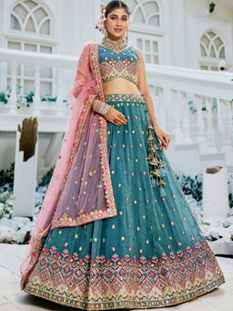 Panchhi - Teal Colour Tissue Sequined Embroidery Semi-Stitched Lehenga with Choli and Dupatta