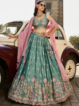 Panchhi - Lime Green Georgette Sequins Embroidery Semi-Stitched Lehenga with Choli and Dupatta