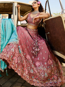 Panchhi - Rose Gold Georgette Sequins Embroidery Semi-Stitched Lehenga with Choli and Dupatta