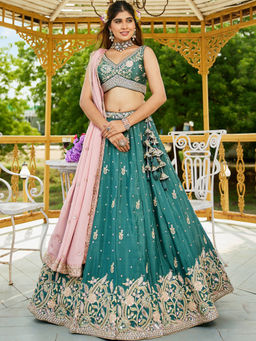 Panchhi - Teal Colour Chinnon Sequined Embroidery Semi-Stitched Lehenga with Choli and Dupatta