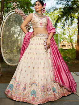 Panchhi - Cream Colour Tissue Sequined Embroidery Semi-Stitched Lehenga with Choli and Dupatta