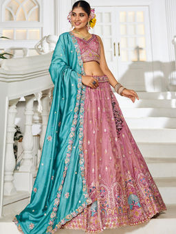 Panchhi - Pink Colour Tissue Sequined Embroidery Semi-Stitched Lehenga with Choli and Dupatta