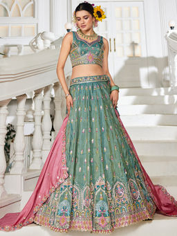 Panchhi - Sea Green Tissue Sequined Embroidery Semi-Stitched Lehenga with Choli and Dupatta