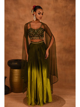 LAALZARI - Green Ombre Lehenga with Choli and Cape