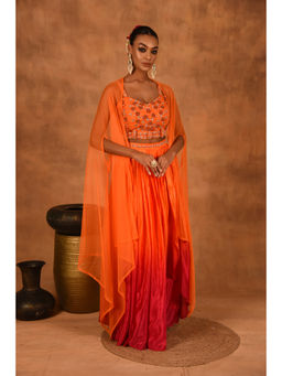 LAALZARI - Orange Ombre Lehenga with Choli and Cape