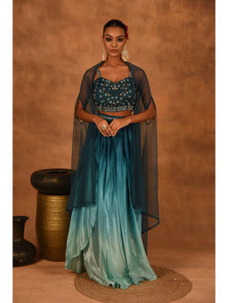 LAALZARI - Blue Ombre Lehenga with Choli and Cape