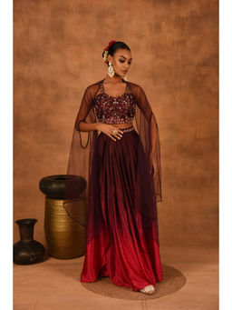 LAALZARI - Wine Ombre Lehenga with Choli and Cape