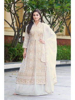 Miss Ethnik - Women Off White Embroidered Kurta with Lehenga & Dupatta