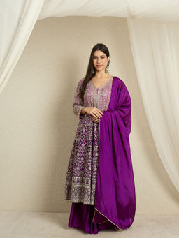 Miss Ethnik - Women Purple Embroidered Kurta with Lehenga & Dupatta