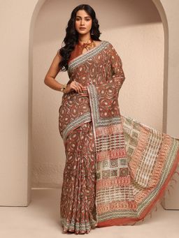 Libas - Rust Cotton Blend Printed Saree with Unstitched Blouse Piece