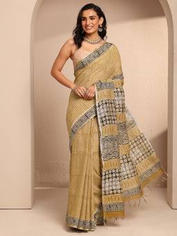 Libas - Mustard Cotton Blend Printed Saree with Unstitched Blouse Piece
