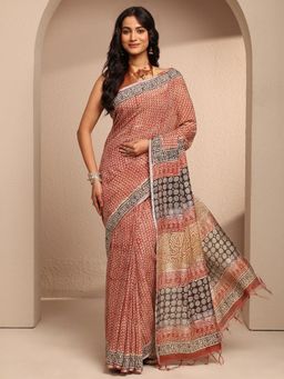 Libas - Red Cotton Blend Printed Saree with Unstitched Blouse Piece