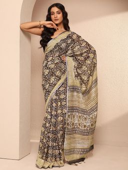 Libas - Black Cotton Blend Printed Saree with Unstitched Blouse Piece