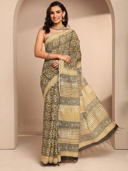 Libas - Black Cotton Blend Printed Saree with Unstitched Blouse Piece