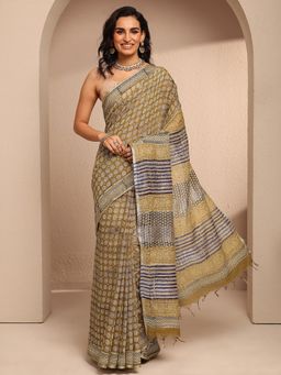 Libas - Mustard Cotton Blend Printed Saree with Unstitched Blouse Piece