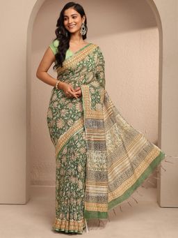 Libas - Green Cotton Blend Floral Saree with Unstitched Blouse Piece