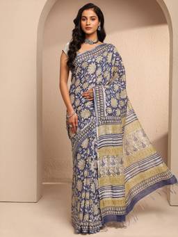 Libas - Blue Cotton Blend Floral Saree with Unstitched Blouse Piece