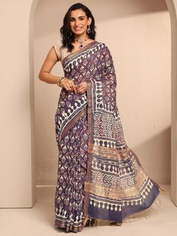 Libas - Navy Blue Cotton Blend Printed Saree with Unstitched Blouse Piece
