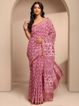 Libas - Pink Cotton Blend Printed Saree with Unstitched Blouse Piece