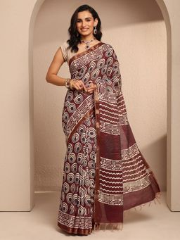 Libas - Maroon Cotton Blend Printed Saree with Unstitched Blouse Piece