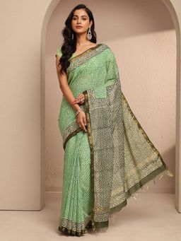 Libas - Green Cotton Blend Printed Saree with Unstitched Blouse Piece