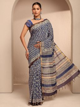 Libas - Blue Cotton Blend Printed Saree with Unstitched Blouse Piece