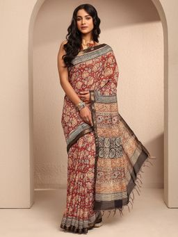 Libas - Red Cotton Blend Floral Saree with Unstitched Blouse Piece