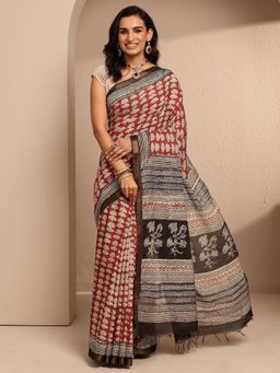 Libas - Red Cotton Blend Floral Saree with Unstitched Blouse Piece
