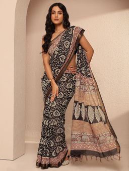 Libas - Black Cotton Blend Floral Saree with Unstitched Blouse Piece