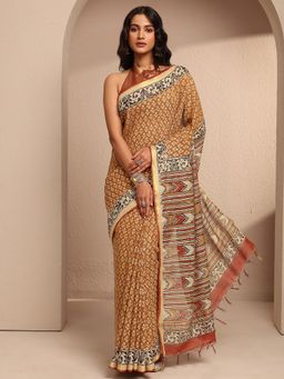 Libas - Mustard Cotton Blend Floral Saree with Unstitched Blouse Piece
