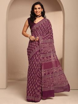 Libas - Maroon Cotton Blend Floral Saree with Unstitched Blouse Piece