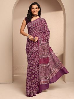 Libas - Maroon Cotton Blend Floral Saree with Unstitched Blouse Piece