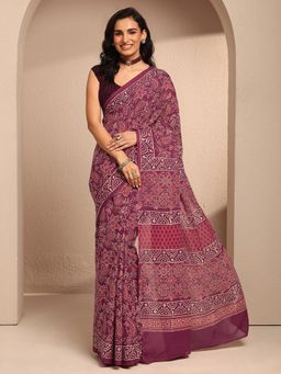 Libas - Maroon Cotton Blend Printed Saree with Unstitched Blouse Piece