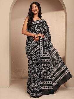 Libas - Black Cotton Blend Floral Saree with Unstitched Blouse Piece
