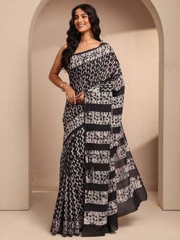 Libas - Black Cotton Blend Printed Saree with Unstitched Blouse Piece