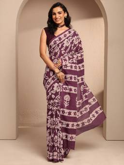 Libas - Burgundy Cotton Blend Floral Saree with Unstitched Blouse Piece