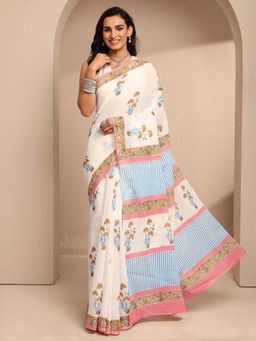 Libas - White Cotton Blend Floral Saree with Unstitched Blouse Piece