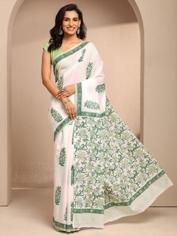 Libas - White Cotton Blend Floral Saree with Unstitched Blouse Piece