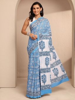Libas - Blue Cotton Blend Floral Saree with Unstitched Blouse Piece