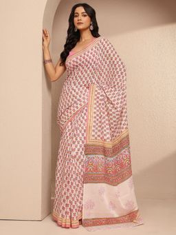 Libas - White Cotton Blend Floral Saree with Unstitched Blouse Piece