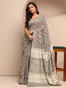 Libas - Grey Cotton Blend Printed Saree with Unstitched Blouse Piece