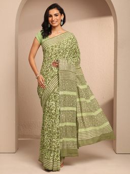 Libas - Green Cotton Blend Printed Saree with Unstitched Blouse Piece